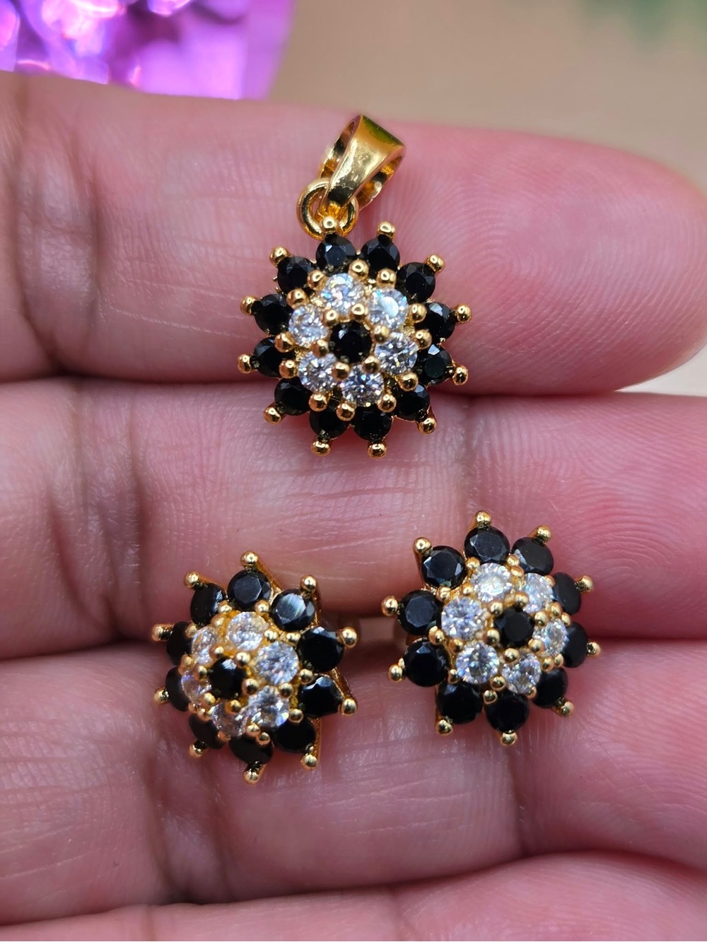 Gold Plated Black & Clear Cubic Zirconia Flower Stud Earrings with Pendant